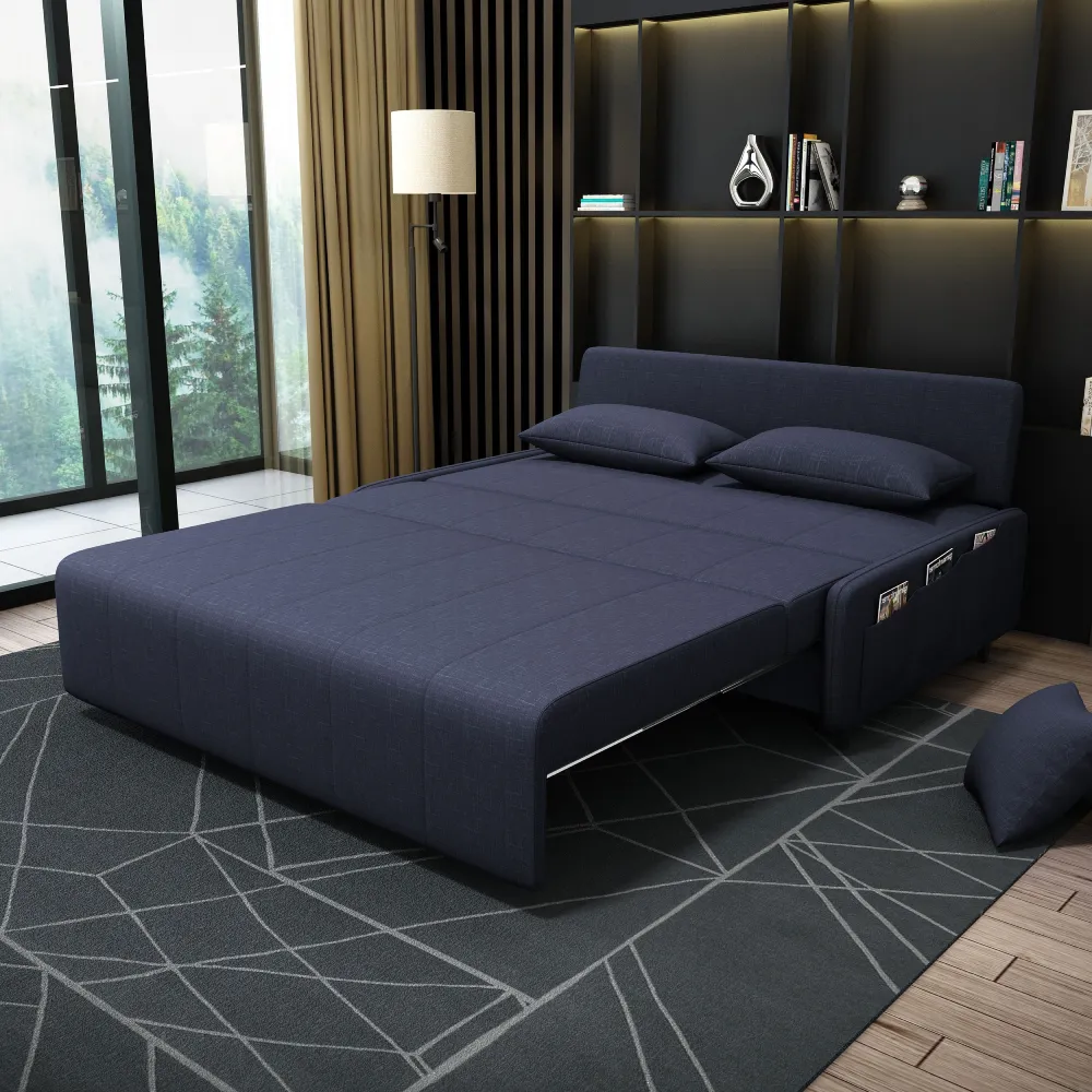Denim Blue pull-out sofa bed, partially extended
