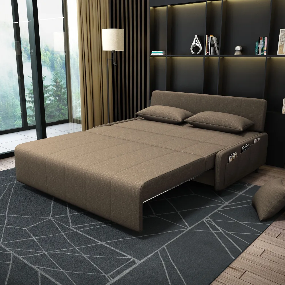 Mocha Brown pull-out sofa bed, partially extended