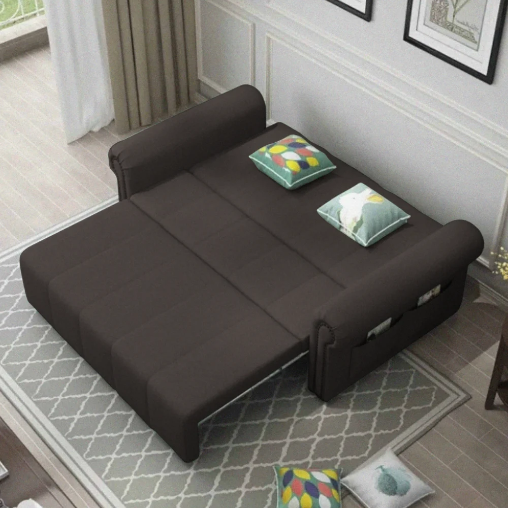 Dark brown Fold Out Sofa Bed fully open in bedroom setting