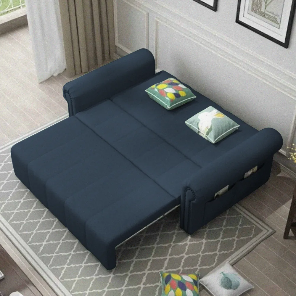 Navy Blue Fold Out Sofa Bed fully open in bedroom setting