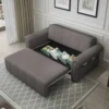 Dark Grey Pull-Out Storage Sofa Bed opening to reveal hidden storage for pillows; features classic Roll Arms with Nailhead Trim