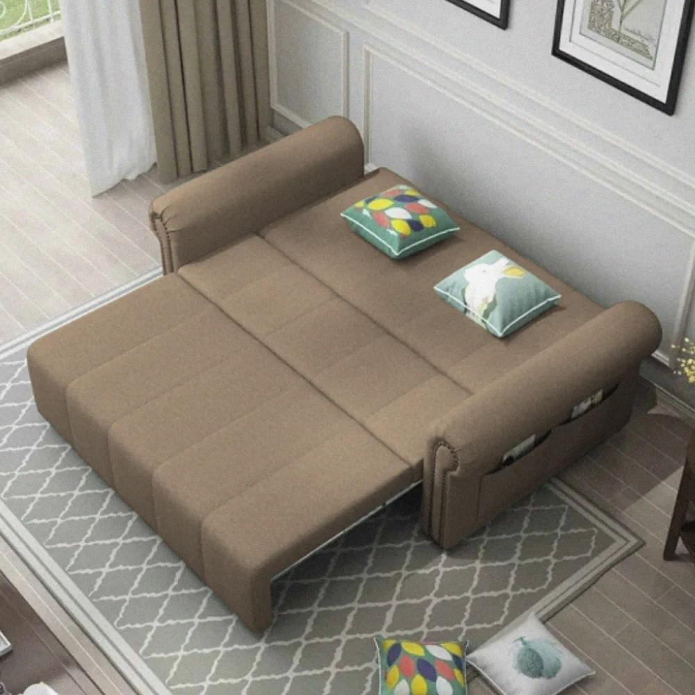 Mocha Brown Fold Out Sofa Bed fully open in bedroom setting
