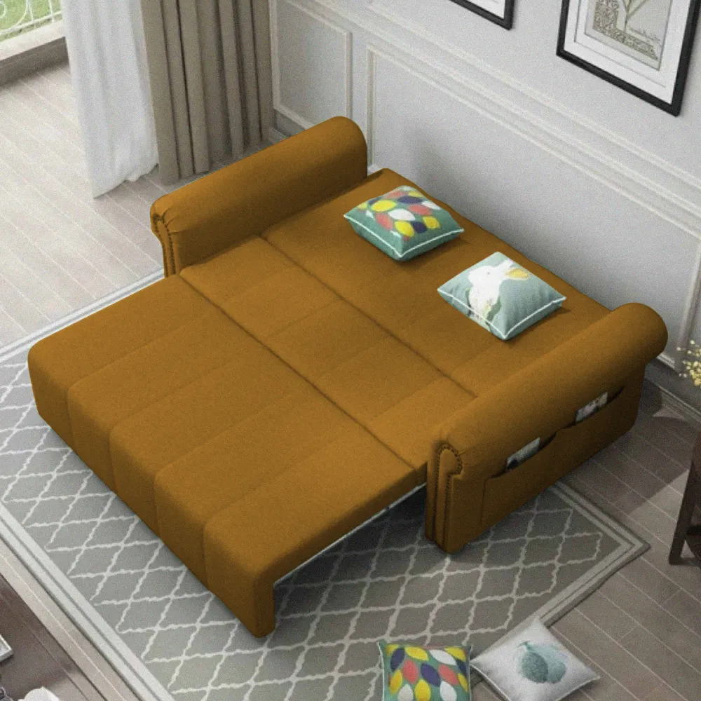 Mustard Yellow Fold Out Sofa Bed fully open in bedroom setting