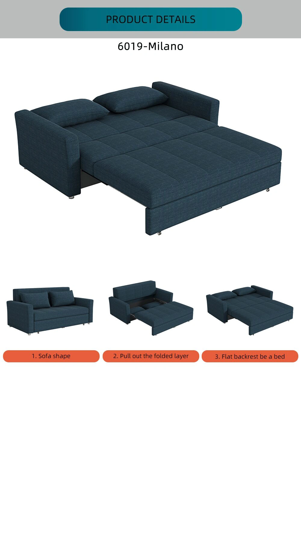 Bambillo Milano Sofa Bed with arms, showing diagram of how sofa converts from sofa configuration to bed configuration