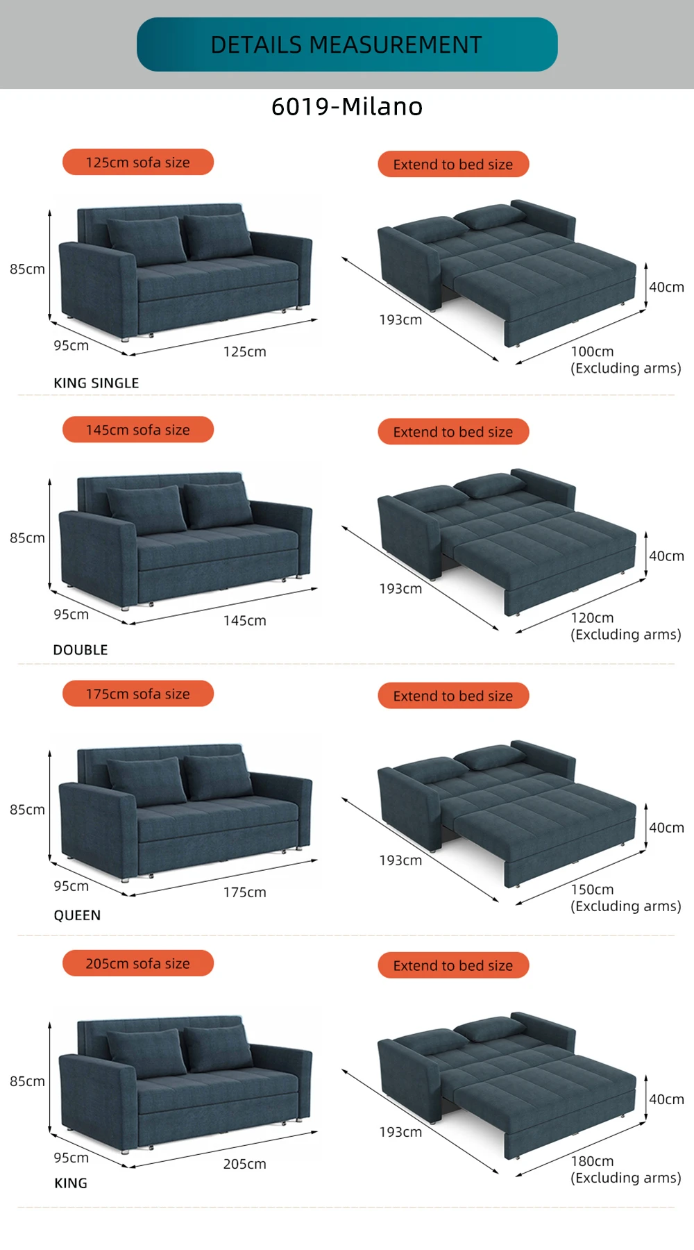 Bambillo Milano Sofa Bed with arms, showing each sofa size and diagrams of measurements for each size