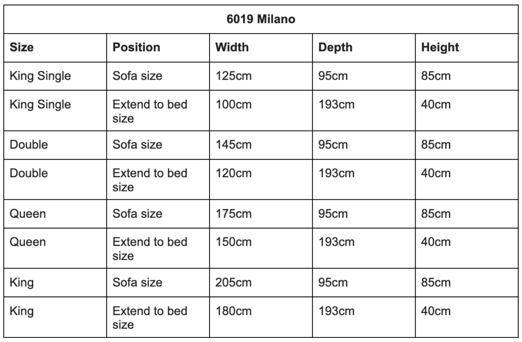 Bambillo Milano Sofa Bed with arms, size chart with measurements for each size