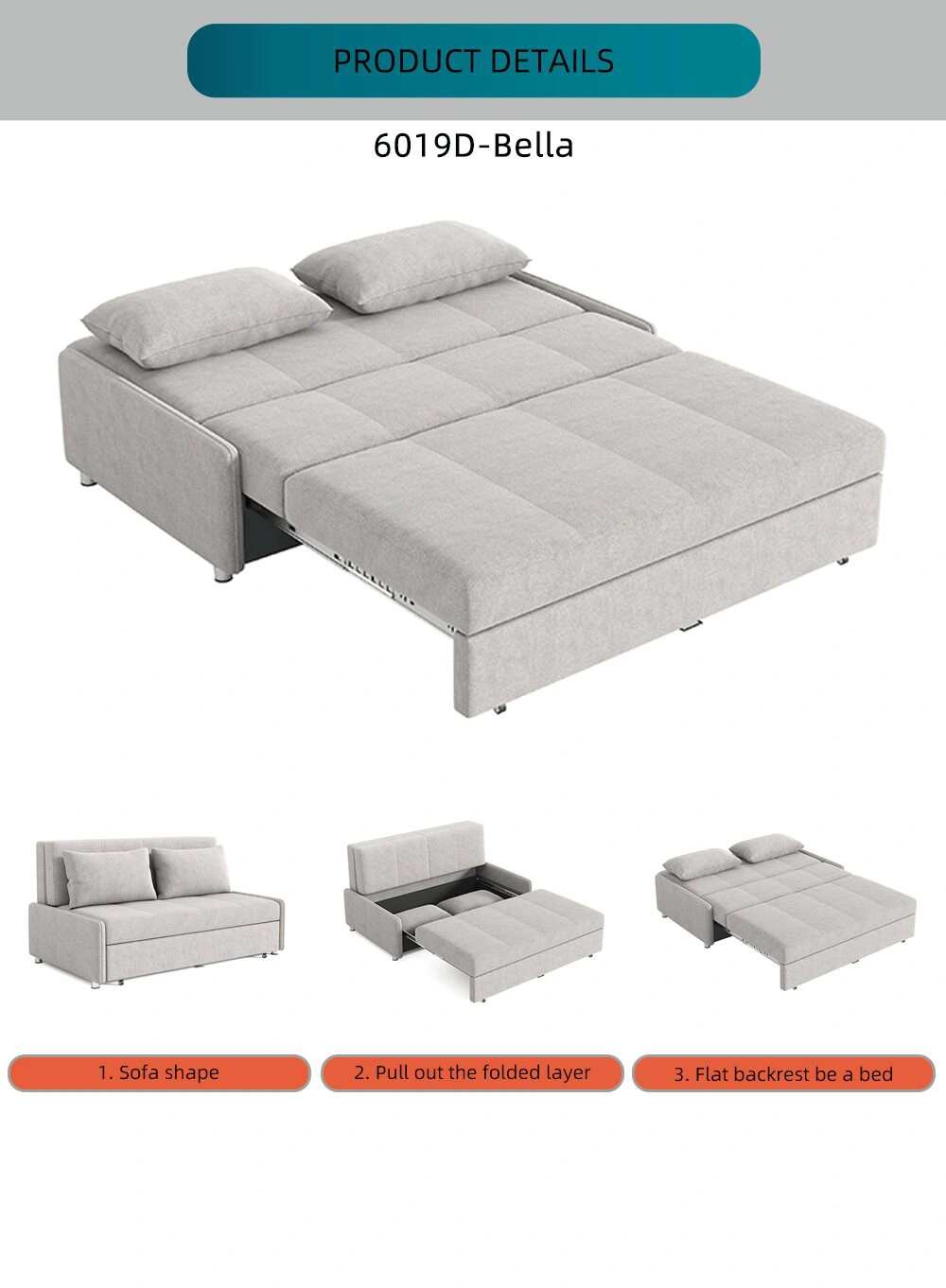 Bambillo Bella Armless Sofa Bed, steps showing how sofa bed opens and headrest folds down to make bed