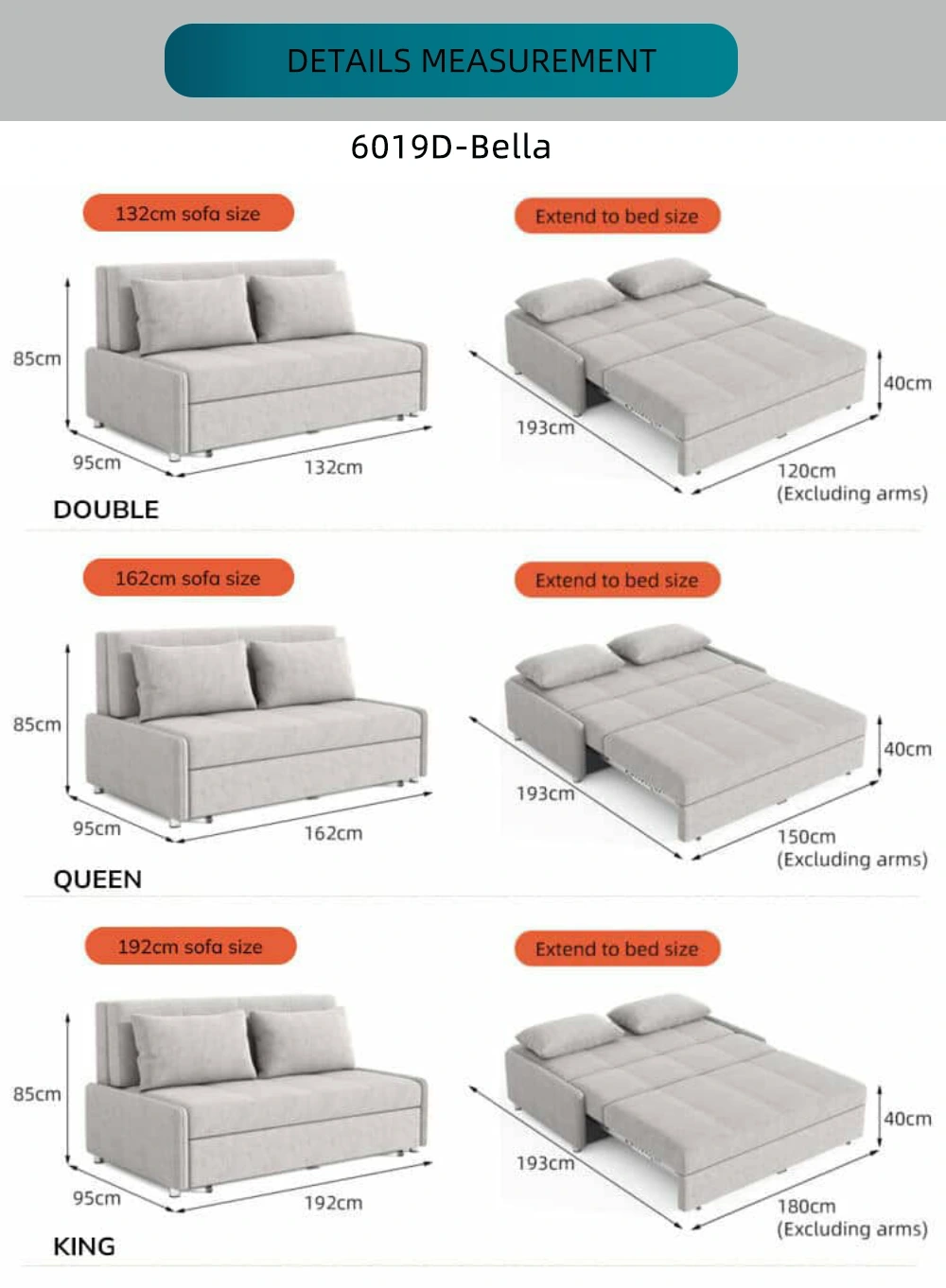 Bambillo Bella Armless Sofa Bed size guide, showing sizes and measurements for each size