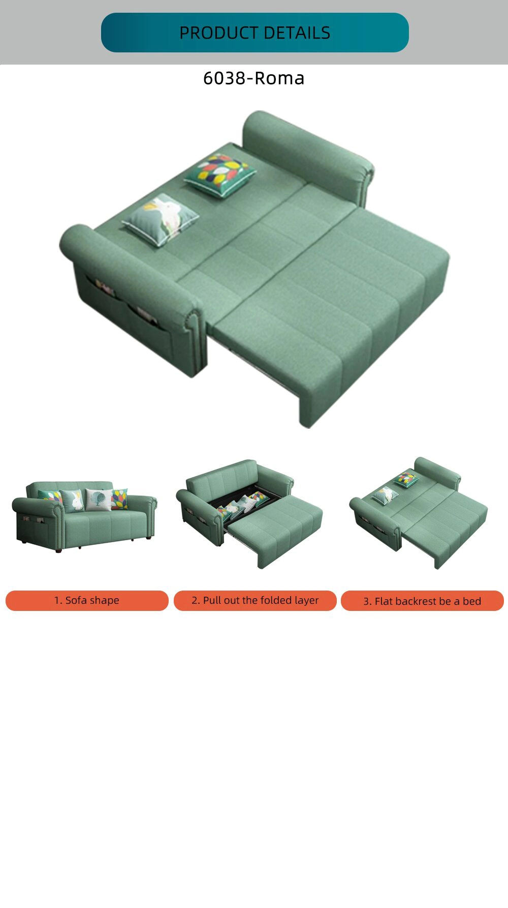 Bambillo Roma Sofa Bed with rolled arms, steps showing how sofa bed opens and headrest folds down to make bed