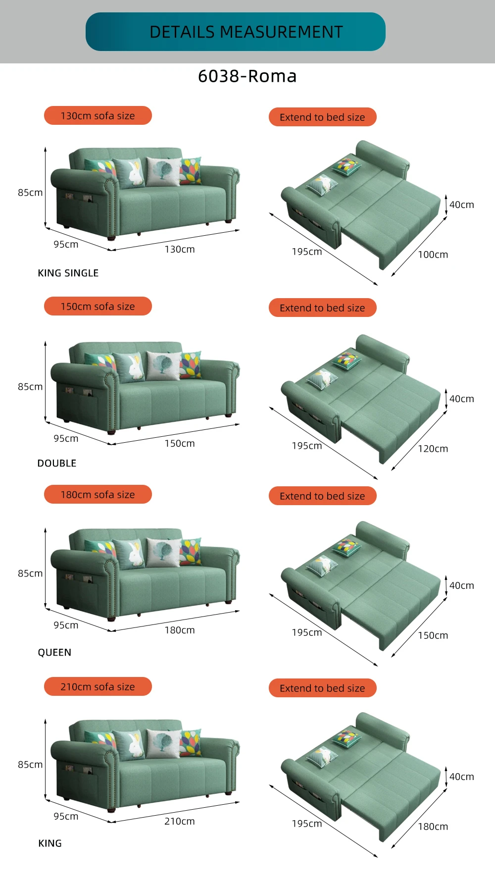 Bambillo Roma Sofa Bed with rolled arms size guide, showing sizes and measurements for each size