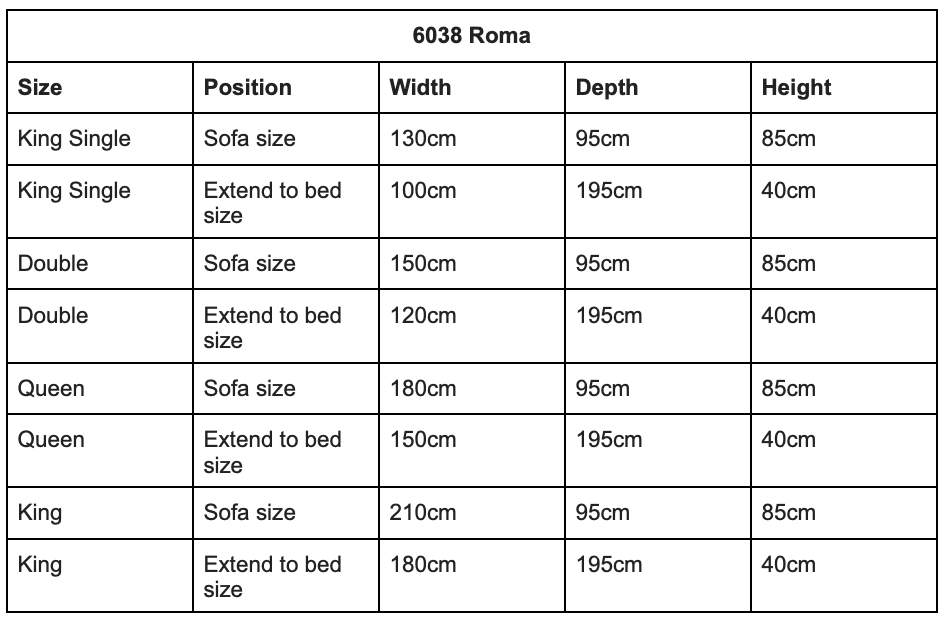Bambillo Roma Sofa Bed with rolled arms size chart with each size measurements