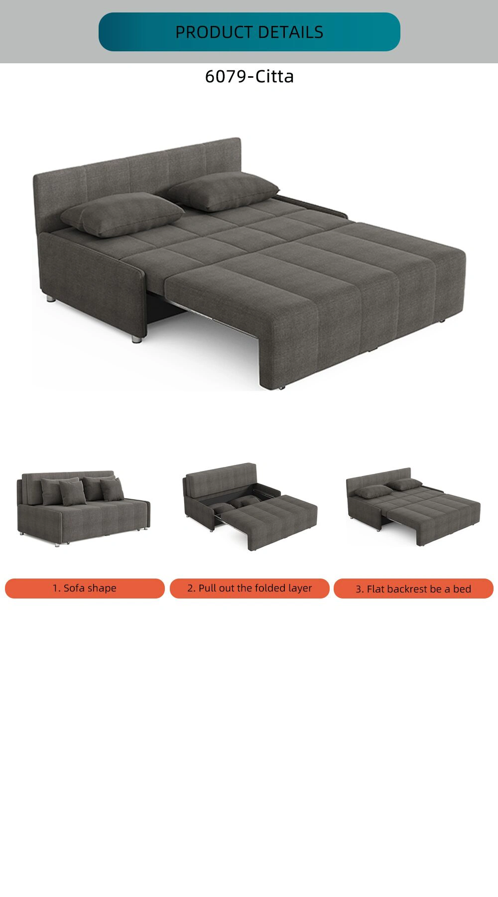 Bambillo Citta Armless Sofa Bed With Headboard diagram showing different configurations of sofa bed