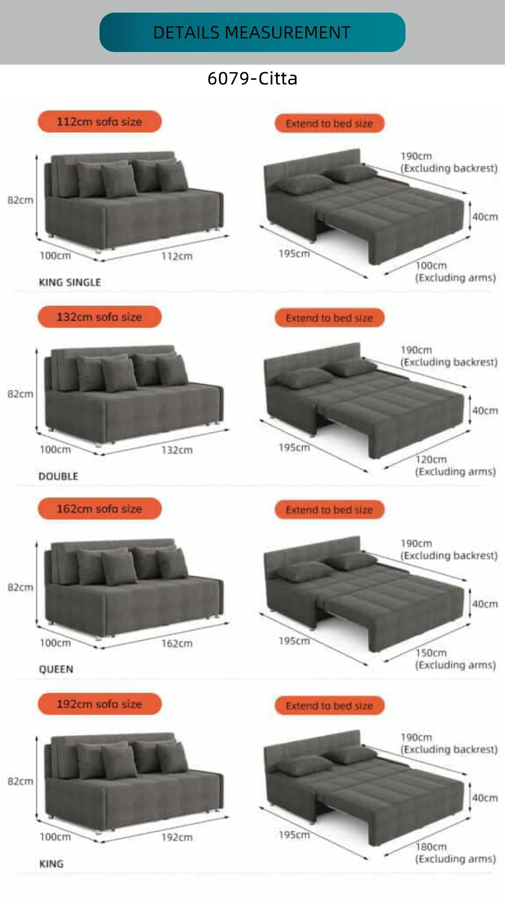 Bambillo Citta Armless Sofa Bed With Headboard, diagrams showing each bed size with measurements