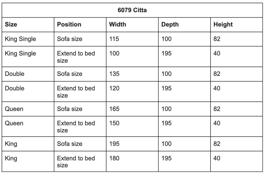 Bambillo Citta Armless Sofa Bed With Headboard size chart with measurements for each size