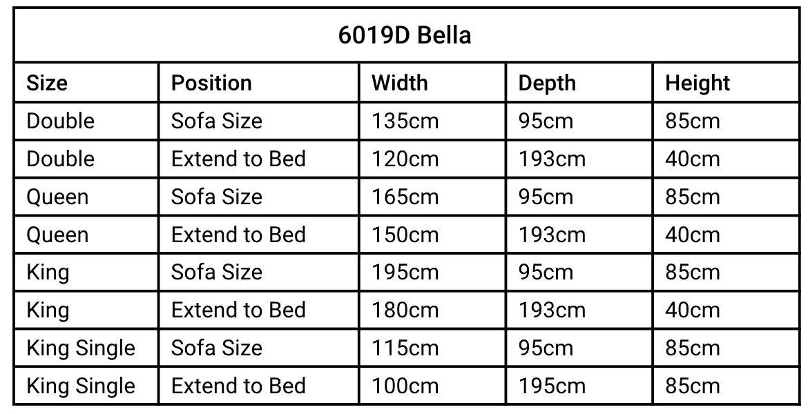 Bambillo Bella Armless Sofa Bed size guide with measurements for each size