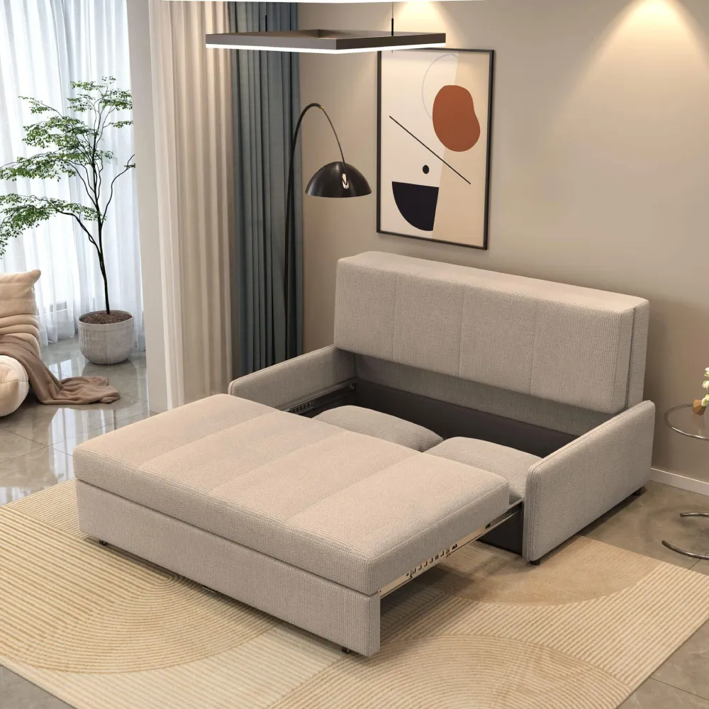 Bambillo Bella Armless Sofa Bed in beige fabric colour, showing seat pulled out to show hidden storage under seat and headrest in sofa position