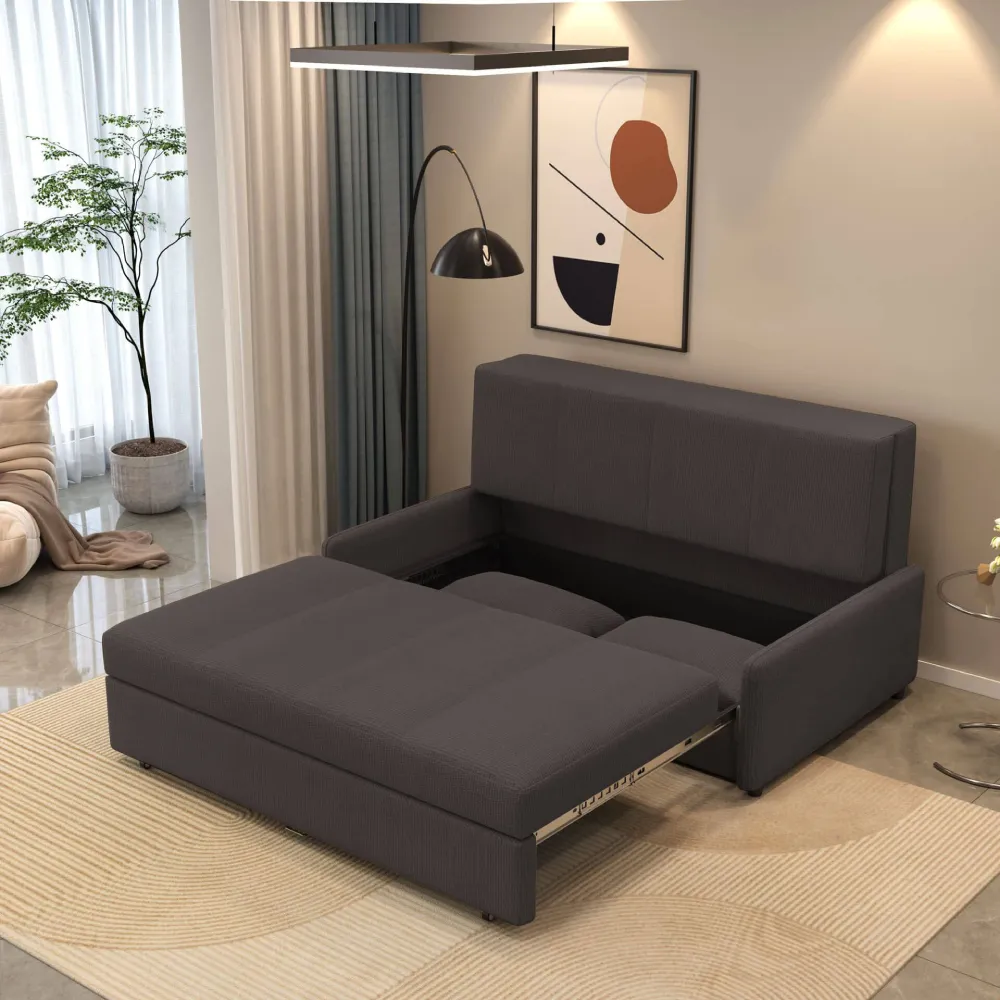 Bambillo Bella Armless Sofa Bed in charcoal fabric colour, showing seat pulled out to show hidden storage under seat and headrest in sofa position