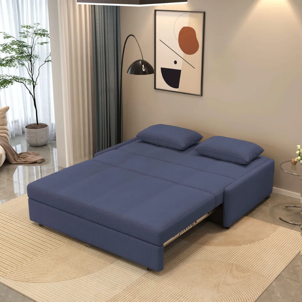 Bambillo Bella Armless Sofa Bed in denim blue fabric colour, showing bed configuration with headrest folded down