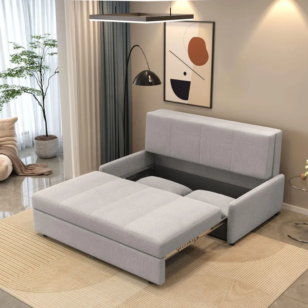 Bambillo Bella Armless Sofa Bed in marl grey fabric colour, showing seat pulled out to show hidden storage under seat and headrest in sofa position