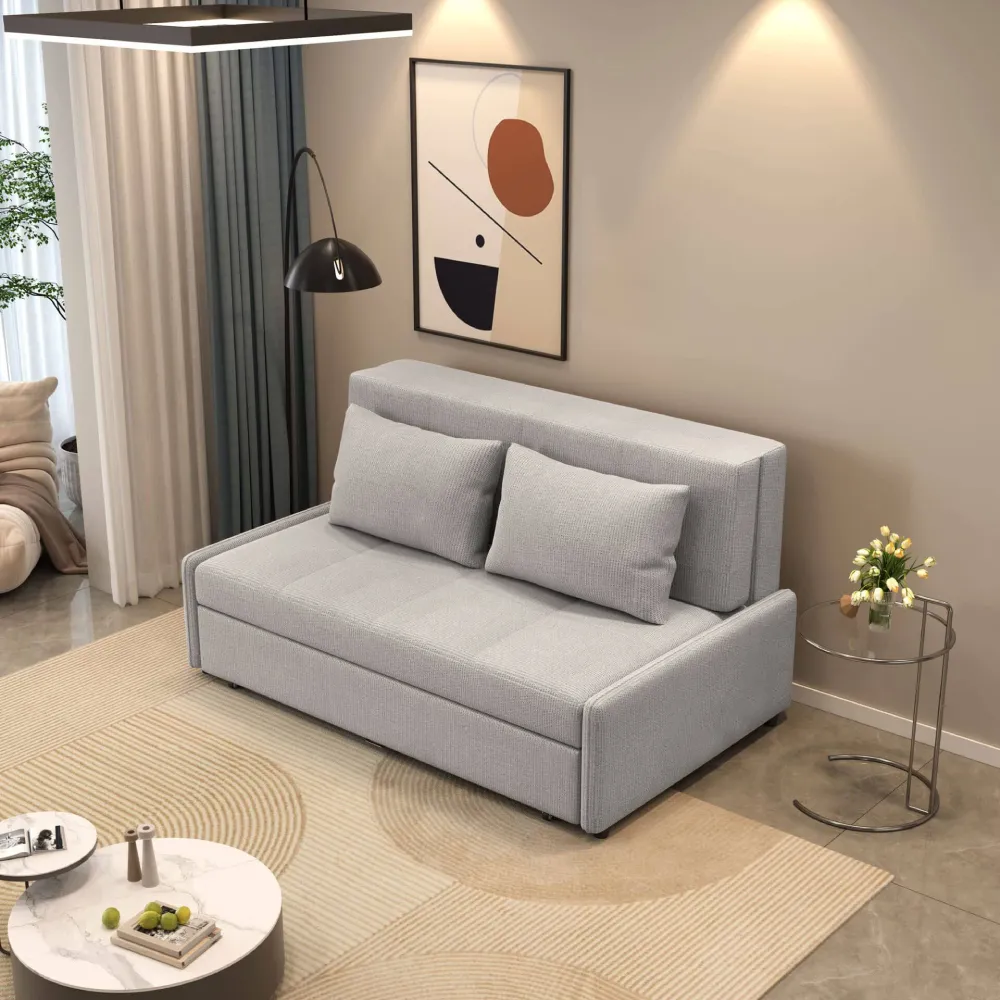 Bambillo Bella Armless Sofa Bed in marl grey fabric colour, showing sofa configuration with headrest in sofa position