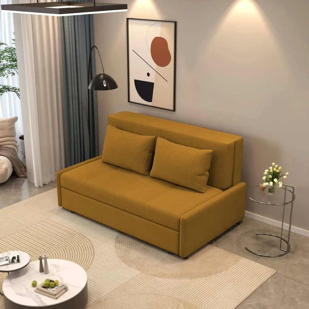 Bambillo Bella Armless Sofa Bed in mustard fabric colour, showing sofa configuration with headrest in sofa position