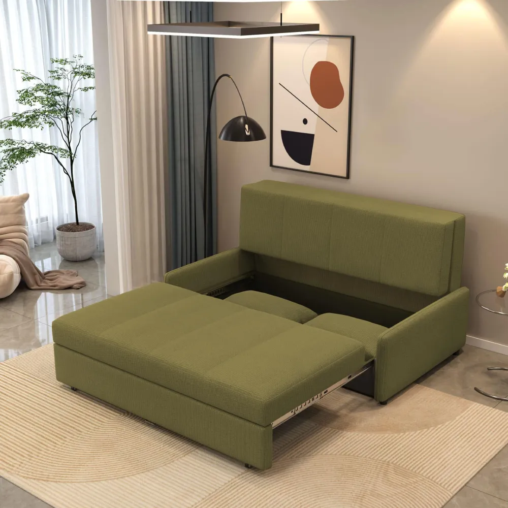 Bambillo Bella Armless Sofa Bed in olive fabric colour, showing seat pulled out to show hidden storage under seat and headrest in sofa position