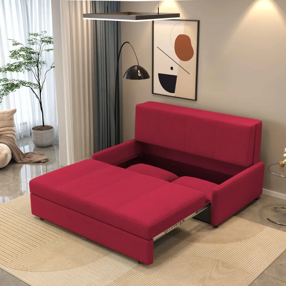 Bambillo Bella Armless Sofa Bed in red fabric colour, showing seat pulled out to show hidden storage under seat and headrest in sofa position