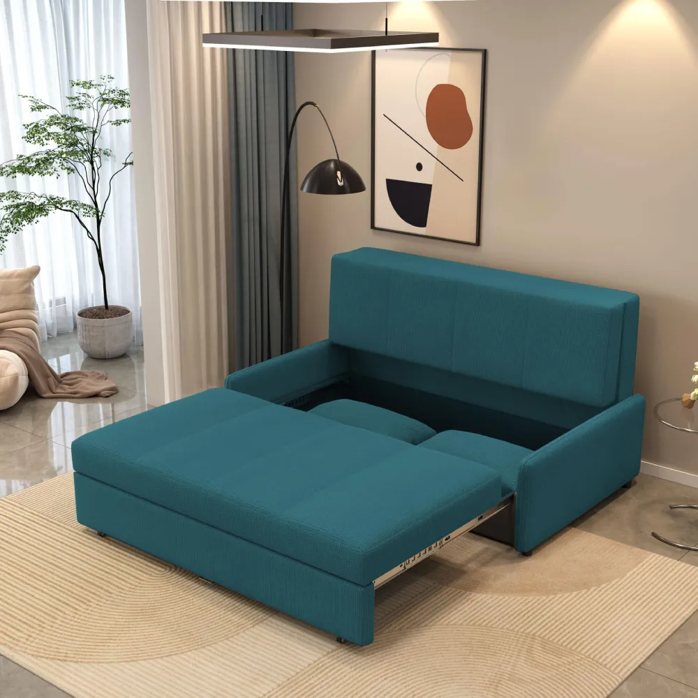 Bambillo Bella Armless Sofa Bed in teal fabric colour, showing seat pulled out to show hidden storage under seat and headrest in sofa position