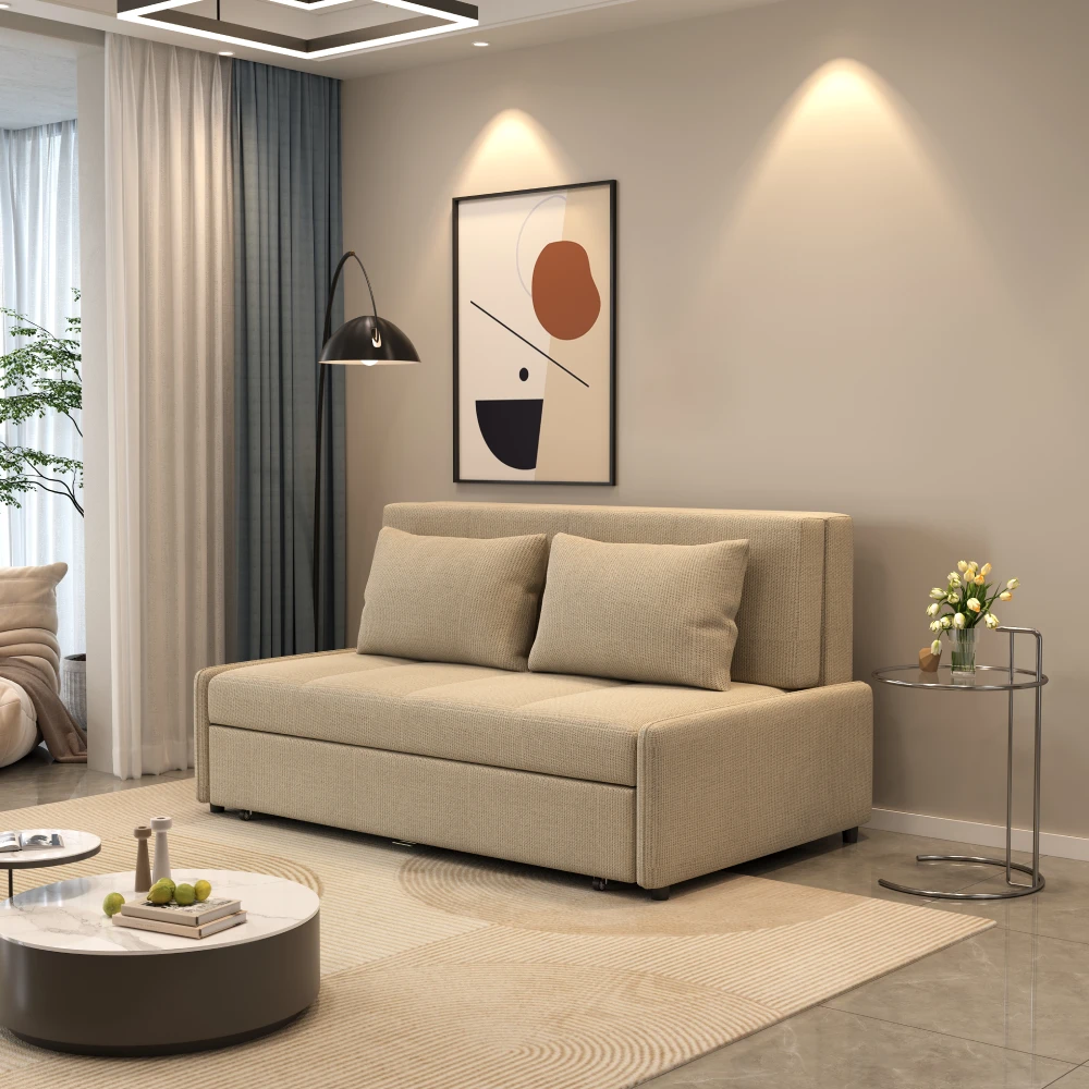 Bambillo Bella Armless Sofa Bed in beige fabric colour, showing sofa position with headrest in sofa position