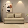Bambillo Bella Armless Sofa Bed in beige fabric colour, direct front facing showing sofa configuration and with two matching cushions