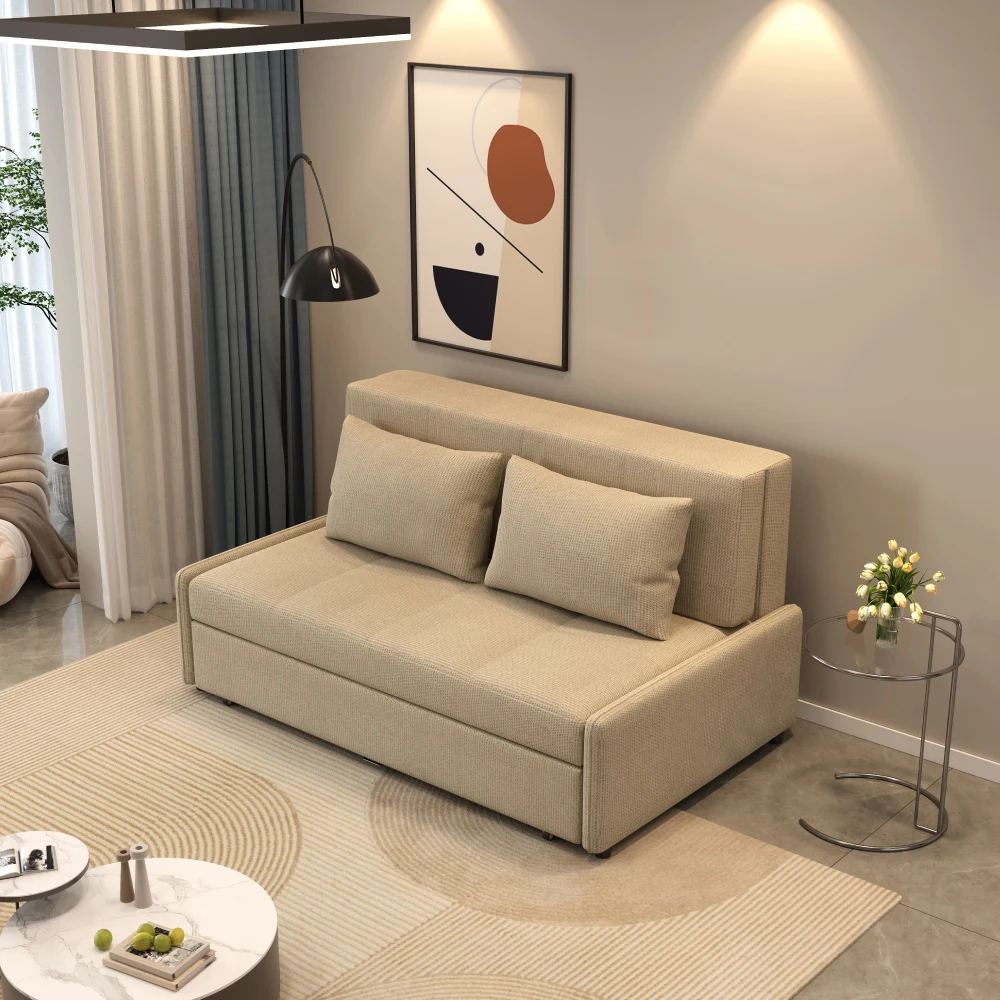 Bambillo Bella Armless Sofa Bed in beige frabric colour, showing sofa configurations with headrest in sofa position