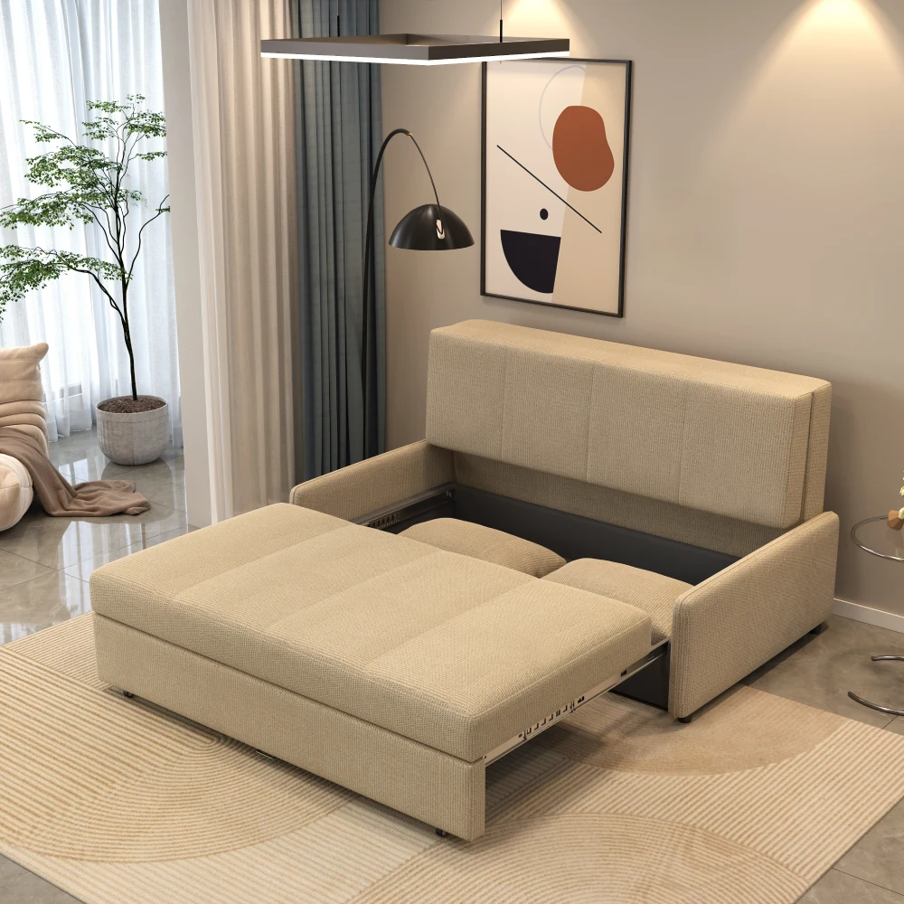 Bambillo Bella Armless Sofa Bed in beige fabric colour, showing seat pulled out to show hidden storage under seat and headrest in sofa position