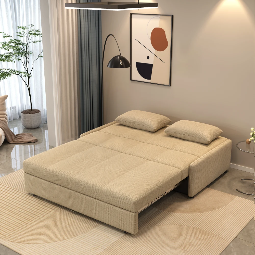 Bambillo Bella Armless Sofa Bed in beige fabric colour, showing bed configuration with headrest folded down