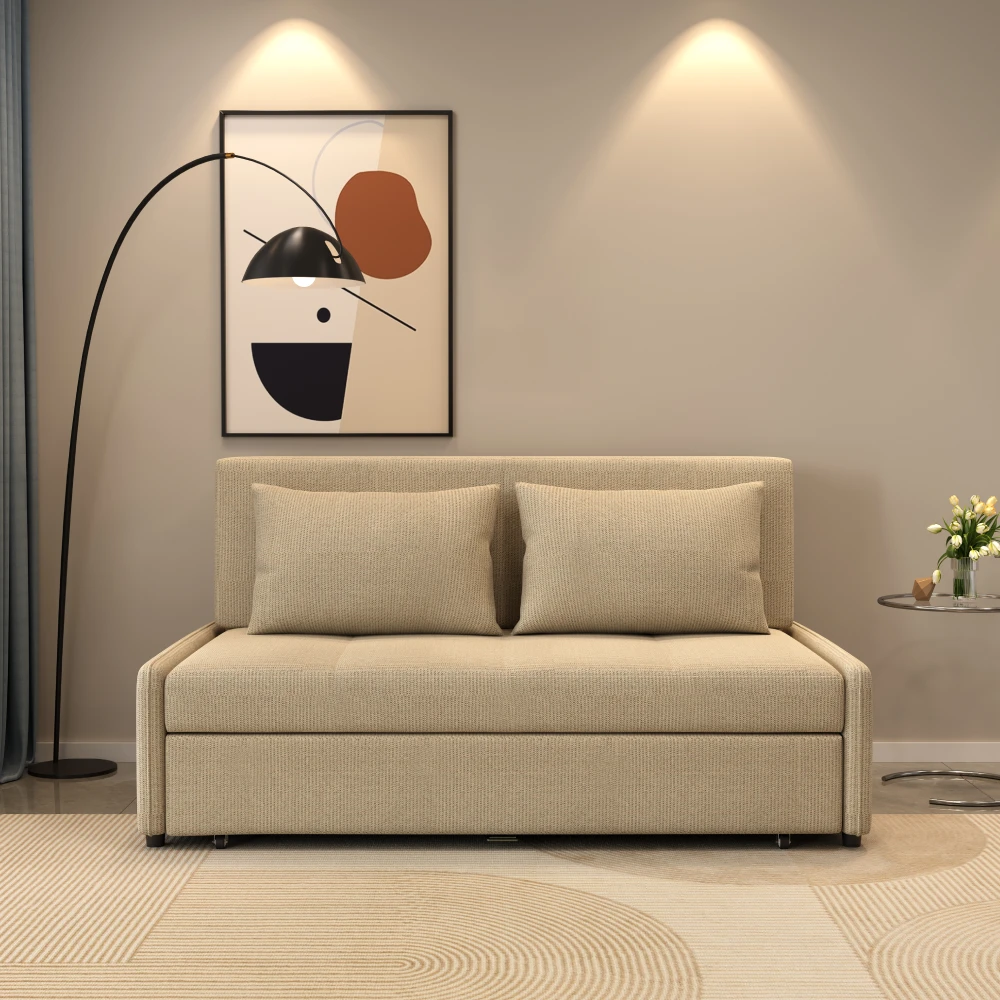 Bambillo Bella Armless Sofa Bed in beige fabric colour, direct front facing showing sofa configuration and with two matching cushions