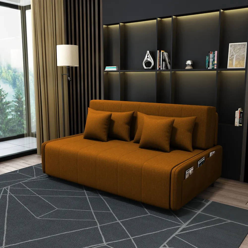 Bambillo Citta Armless Sofa Bed With Headboard in burnt orange fabric colour, showing sofa configuration with headrest in sofa position