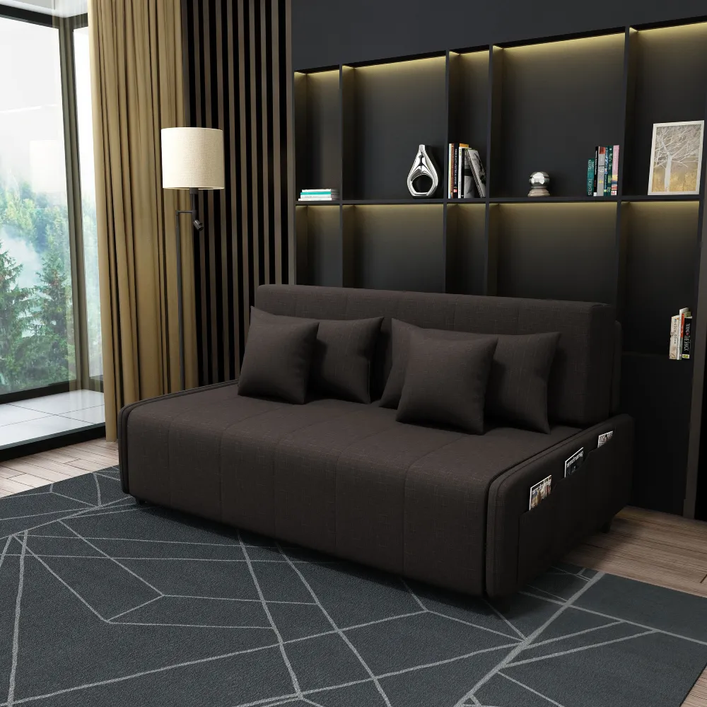 Bambillo Citta Armless Sofa Bed With Headboard in charcoal fabric colour, showing sofa configuration with headrest in sofa position