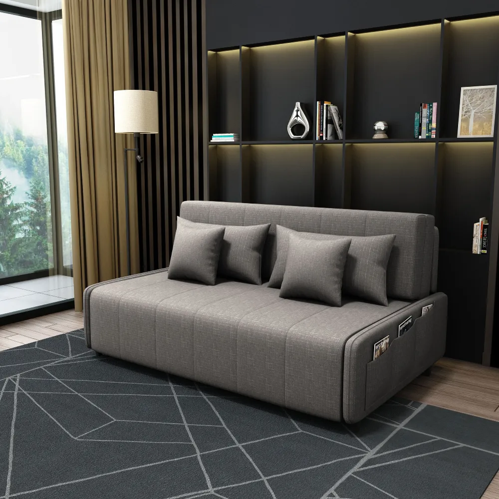 Bambillo Citta Armless Sofa Bed With Headboard in marl grey fabric colour, showing sofa configuration with headrest in sofa position