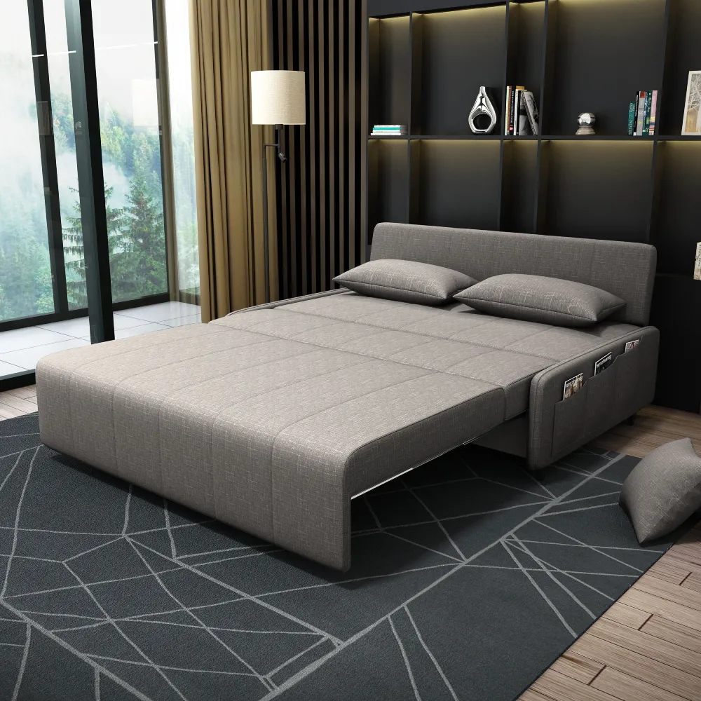 Bambillo Citta Armless Sofa Bed With Headboard in marl grey fabric colour, showing bed configuration with headrest folded down