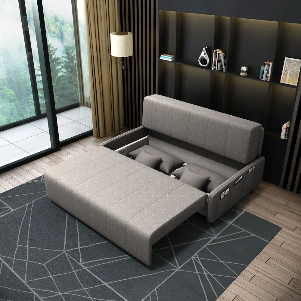 Bambillo Citta Armless Sofa Bed With Headboard in marl grey fabric colour, showing seat pulled out to show hidden storage under seat and headrest in sofa position