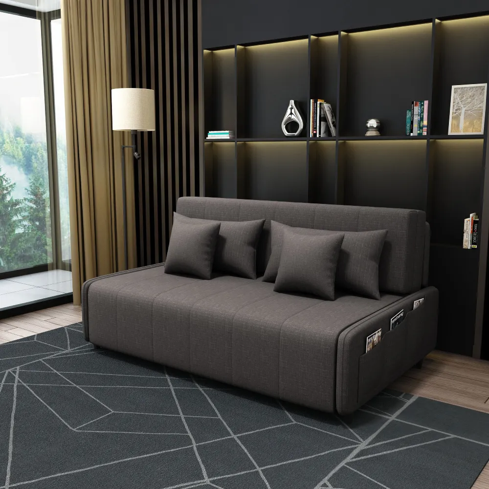 Bambillo Citta Armless Sofa Bed With Headboard in mid-dark grey fabric colour, showing sofa configuration with headrest in sofa position