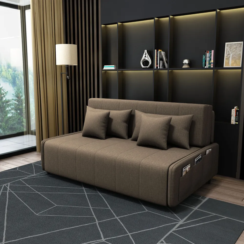 Bambillo Citta Armless Sofa Bed With Headboard in mocha brown fabric colour, showing sofa configuration with headrest in sofa position