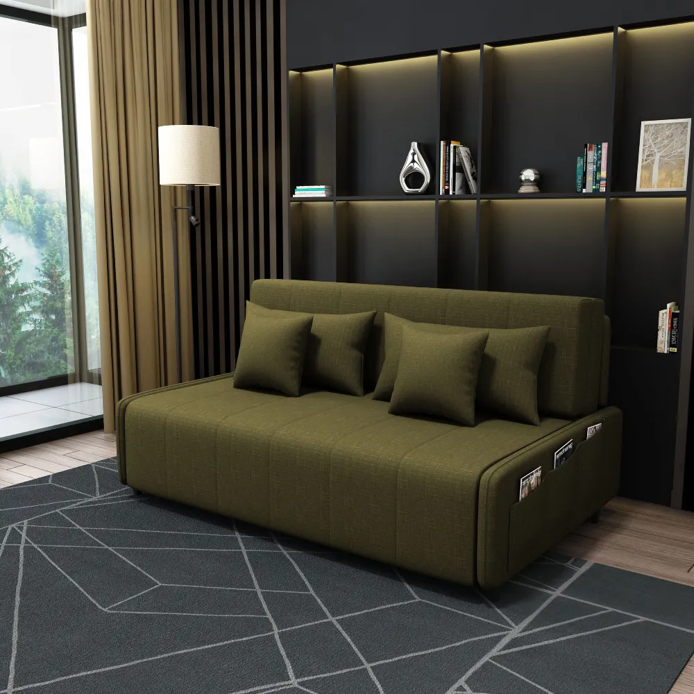 Bambillo Citta Armless Sofa Bed With Headboard in olive fabric colour, showing sofa configuration with headrest in sofa position