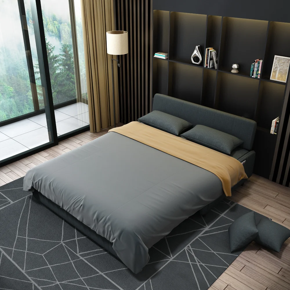 Bambillo Citta Armless Sofa Bed With Headboard in light charcoal colour, showing bed configuration with dark grey doona on bed and two charcoal pillows