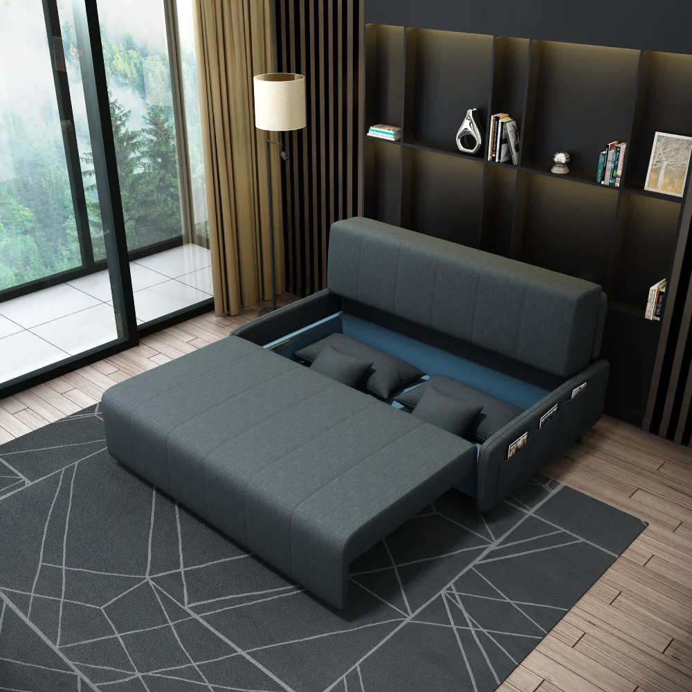 Bambillo Citta Armless Sofa Bed With Headboard in charcoal fabric colour, showing seat pulled out to show hidden storage under seat and headrest in sofa position