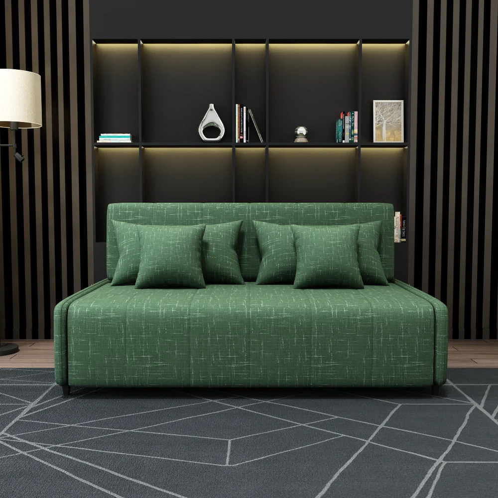 Bambillo Citta Armless Sofa Bed With Headboard in forest green fabric colour, showing sofa configuration with four matching cushions