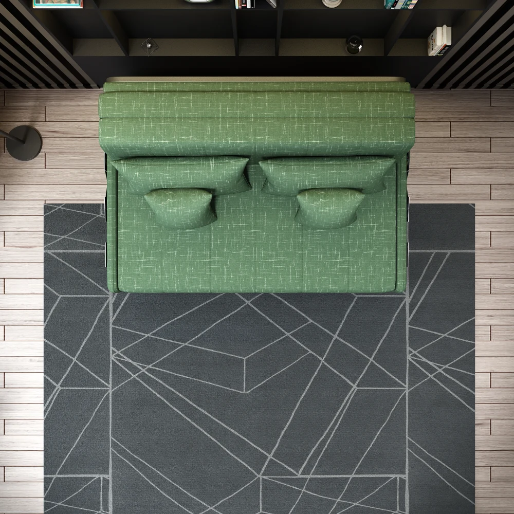 Bambillo Citta Armless Sofa Bed With Headboard in forest green fabric colour, showing overhead view in sofa configuration with headrest in sofa position