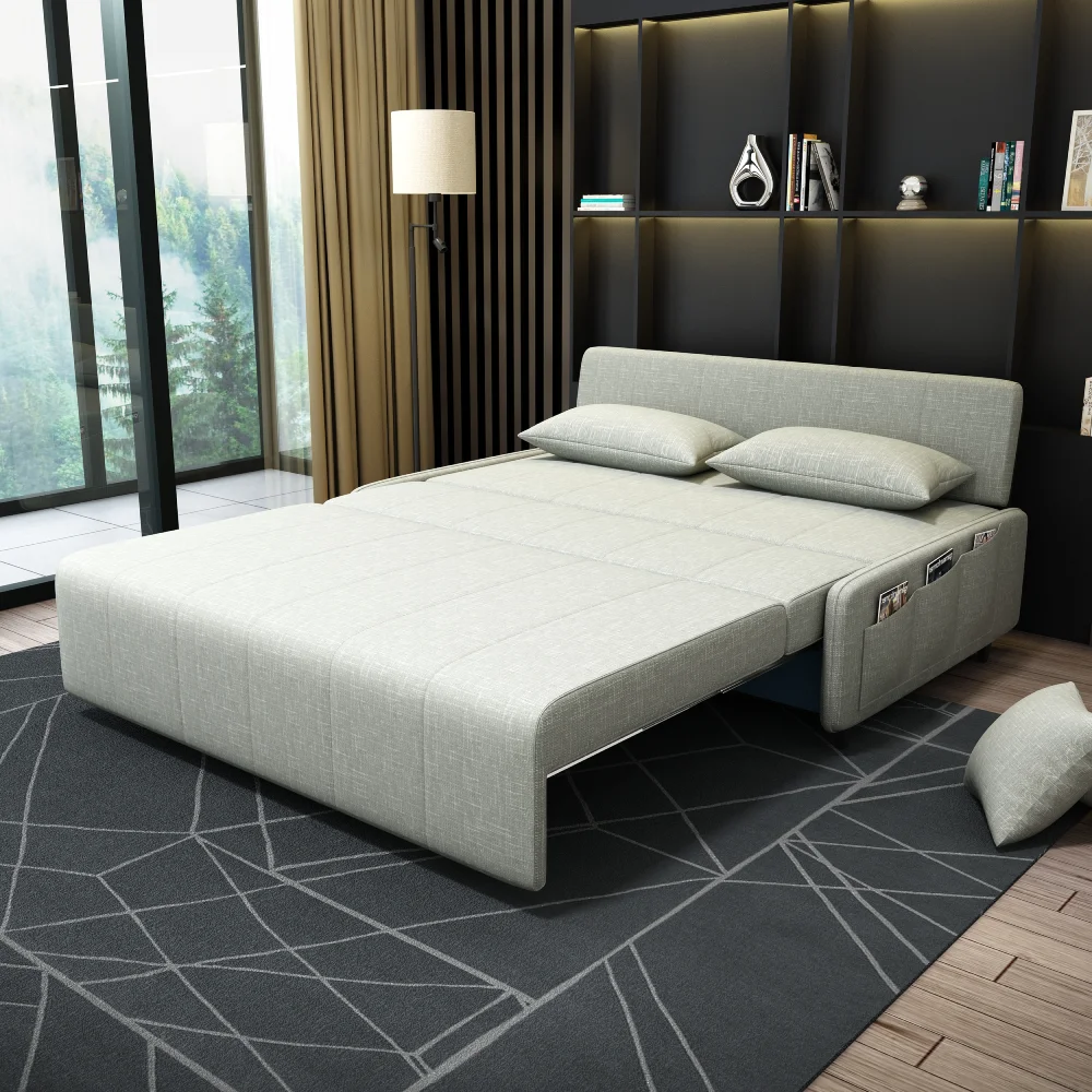 Bambillo Citta Armless Sofa Bed With Headboard in light grey fabric colour, showing bed configuration with headrest folded down