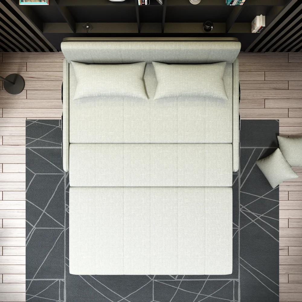 Bambillo Citta Armless Sofa Bed With Headboard in light grey fabric colour, showing overhead view in bed configuration with headrest folded down