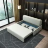 Bambillo Citta Armless Sofa Bed With Headboard in light grey fabric colour, showing seat pulled out to show hidden storage under seat and headrest in sofa position