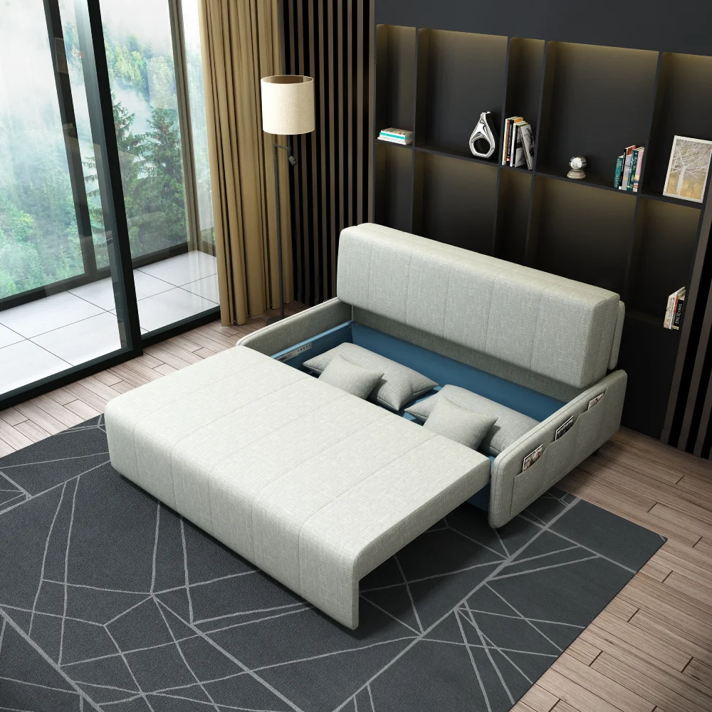 Bambillo Citta Armless Sofa Bed With Headboard in light grey fabric colour, showing seat pulled out to show hidden storage under seat and headrest in sofa position